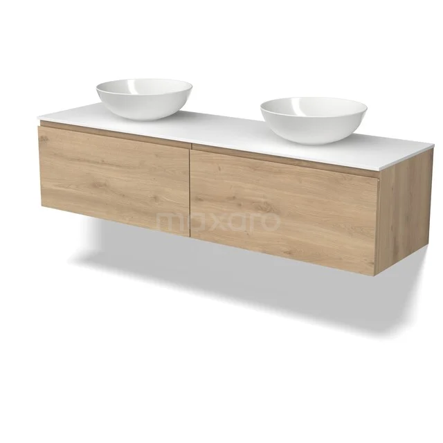 Modulo Plato Vanity units for countertop basin | 160 cm Light brown oak Handle-less front Solid surface worktop 2 Side-by-side drawers BMK12-02333 Houten badkamermeubel met twee witte waskommen, modern ontwerp, ideaal voor een stijlvolle dubbele wastafelopstelling.