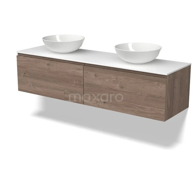 Modulo Plato Vanity units for countertop basin | 160 cm Mid brown oak Handle-less front Solid surface worktop 2 Side-by-side drawers BMK12-02334 Badkamermeubel houtlook, hangend design met dubbele waskommen, witte bovenblad; stijlvol en modern voor elke badkamer.