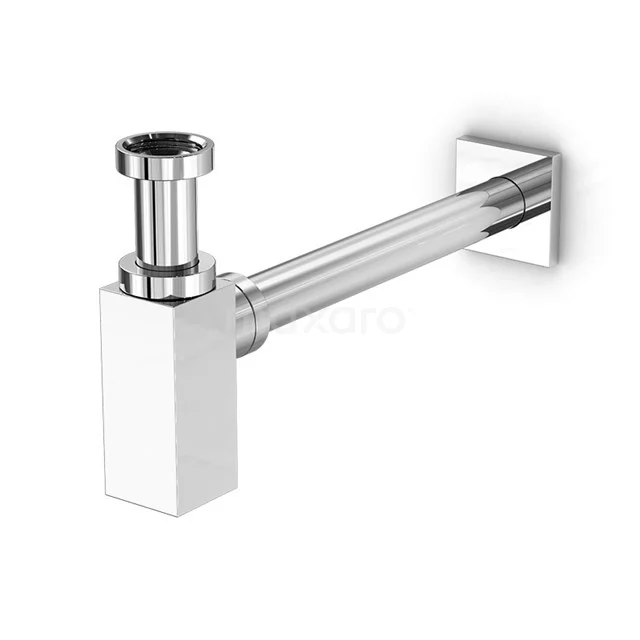 Chrome-coloured square design siphon, made of stainless steel, ideal for modern bathroom basins.