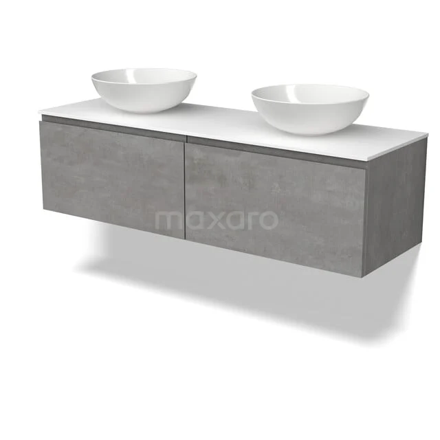 Modulo Plato Badkamermeubel voor waskom | 140 cm Lichtgrijs beton Greeploos front Solid surface blad 2 lades naast elkaar BMK12-02352