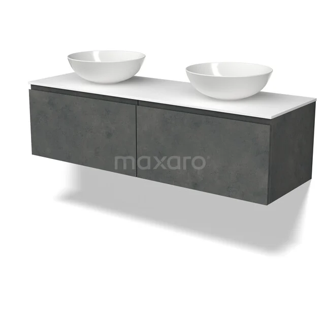 Graue Badmöbelset mit Betonlook, zwei weißen Aufsatzwaschbecken und einem schwebenden Design. Perfekt für modernes Badezimmerinterieur.