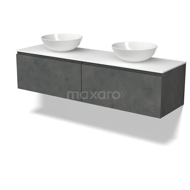 Modulo Plato Vanity units for countertop basin | 160 cm Dark grey concrete Handle-less front Solid surface worktop 2 Side-by-side drawers BMK12-02356 Grijze zwevende badkamermeubel met dubbele wastafel van keramiek en modern betonlook ontwerp.
