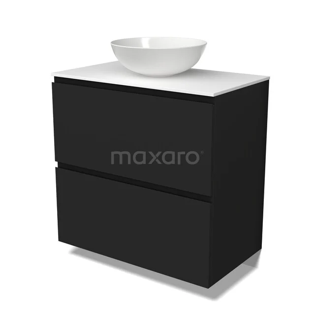 Schwarze Badmöbel Set mit zwei Schubladen, weißer Waschbecken und schlankem Design, ideal für einen modernen Badezimmerstil.