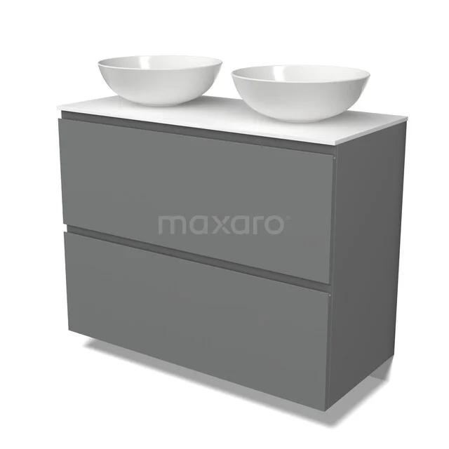 Modulo Plato Badmöbel mit Aufsatzwaschbecken | 100 cm Mittelgrau Grifflos front Solid Surface blatt 2 hohe Schubladen übereinanderliegend BMK13-01312 Graues Holz Badezimmermöbel mit zwei weißen Aufsatzwaschbecken, modernes Design und Soft-Close Schubladen für ein stilvolles Badezimmer.