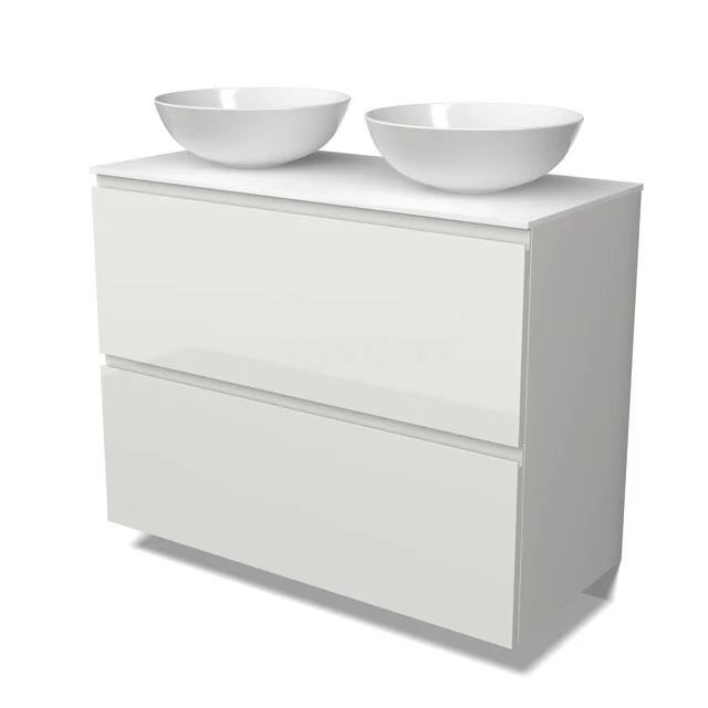 Weißes Badezimmermöbel mit zwei runden Aufsatzwaschbecken, schlankes Design und glänzender Verarbeitung, ideal für einen modernen Badezimmerstil.