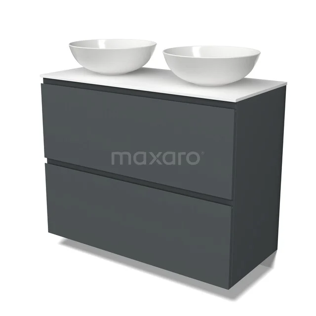 Modulo Plato Badkamermeubel voor waskom | 100 cm Donkergrijs Greeploos front Solid surface blad 2 hoge lades onder elkaar BMK13-01319