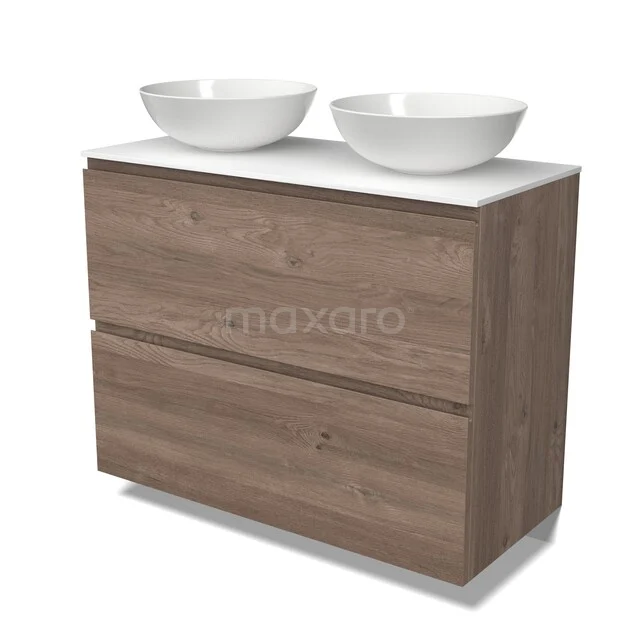 Holz Badmöbel mit zwei weißen Aufsatzwaschbecken, modernes Design, ideal für Stauraum und Stil im Badezimmer.