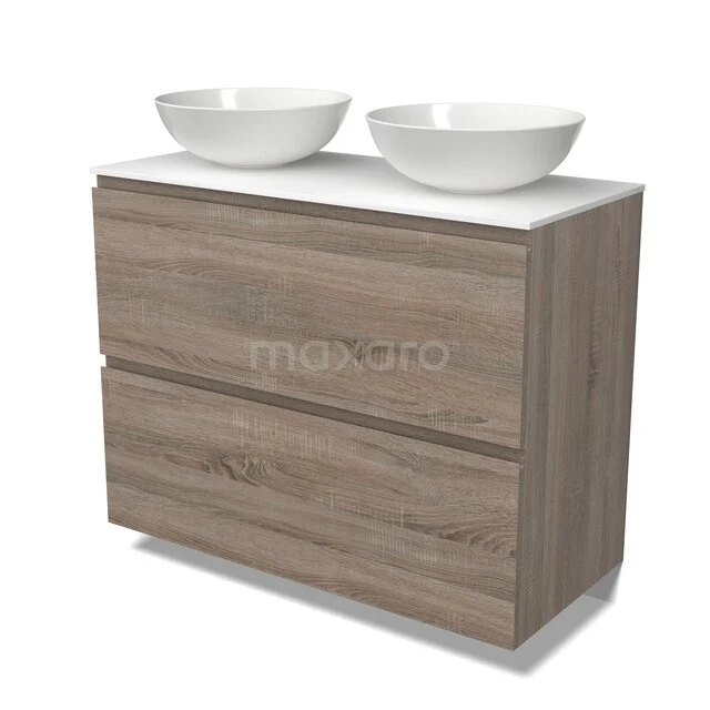 Holz Badezimmermöbel mit zwei Schubladen, doppelten weißen Aufsatzwaschbecken und zeitgemäßem Design, ideal für ein modernes Badezimmer.