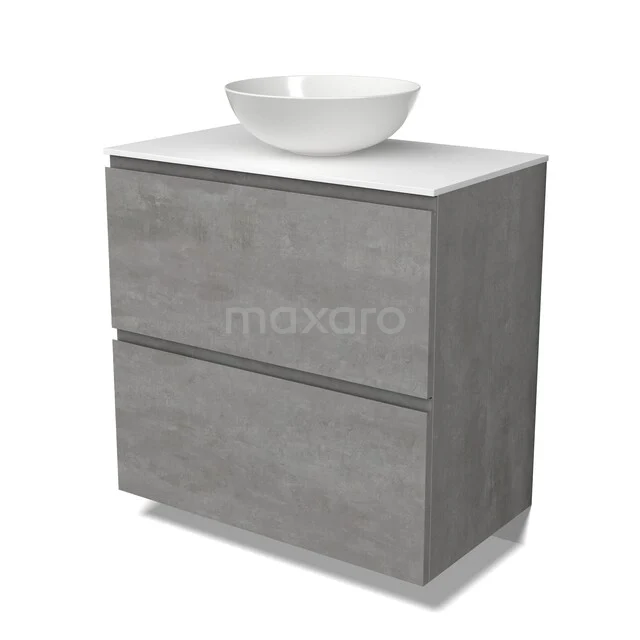 Grijze badkamermeubel met betonlook, dubbele lades en witte ronde waskom. Modern ontwerp voor een stijlvolle badkamer.