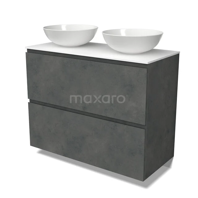 Grijze badkamermeubelset met twee witte wastafels, moderne betonlook afwerking en strak design voor een stijlvolle badkamer.