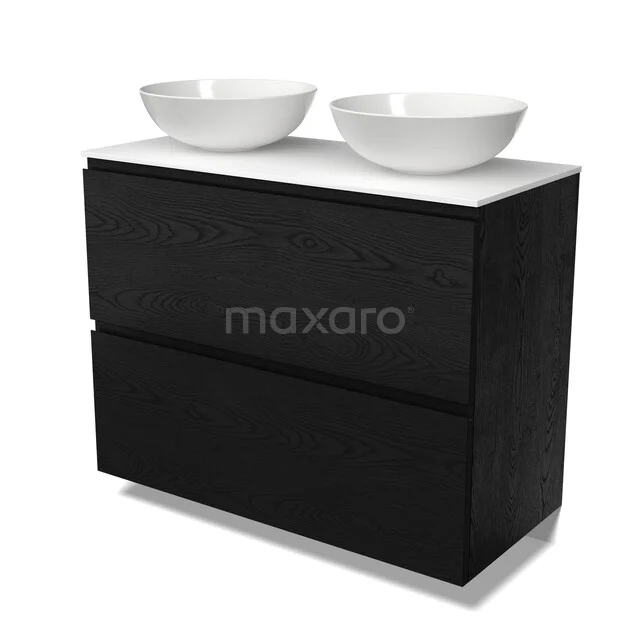 Schwarze Badmöbelset mit zwei weißen runden Aufsatzwaschbecken, moderne Ausstrahlung und glatter Verarbeitung, ideal für ein stilvolles Badezimmer.