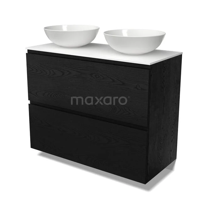Modulo Plato Badmöbel mit Aufsatzwaschbecken | 100 cm Schwarze Eiche Grifflos front Solid Surface blatt 2 hohe Schubladen übereinanderliegend BMK13-01342 Schwarze Badmöbelset mit zwei weißen runden Aufsatzwaschbecken, moderne Ausstrahlung und glatter Verarbeitung, ideal für ein stilvolles Badezimmer.