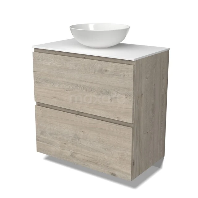 Modulo Plato Badkamermeubel voor waskom | 80 cm Lichtgrijs eiken Greeploos front Solid surface blad 2 hoge lades onder elkaar BMK13-01343 Modulo Plato Badkamermeubel voor waskom | 80 cm Lichtgrijs eiken Greeploos front Solid surface blad 2 hoge lades onder elkaar BMK13-01343