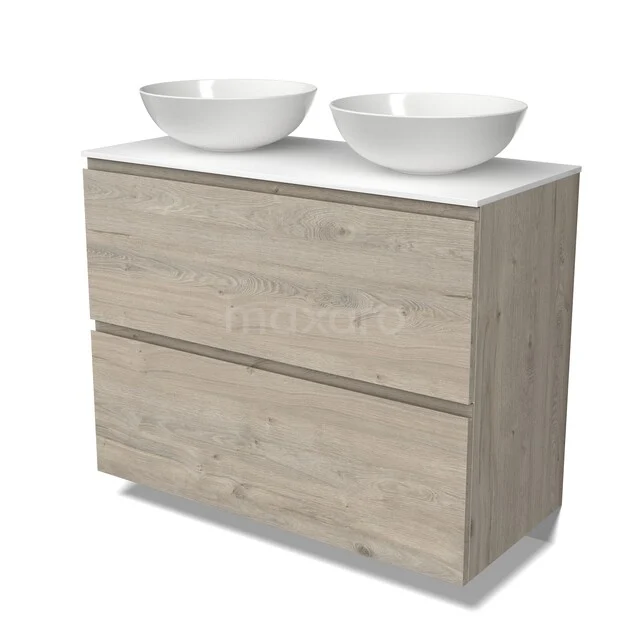 Hölzernes Badezimmermöbel mit zwei weißen Aufsatzwaschbecken, modernes Design, perfekte Wahl für eine stilvolle Badezimmergestaltung.