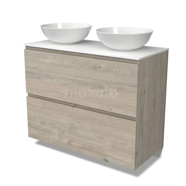 Modulo Plato Badkamermeubel voor waskom | 100 cm Lichtgrijs eiken Greeploos front Solid surface blad 2 hoge lades onder elkaar BMK13-01344 Modulo Plato Badkamermeubel voor waskom | 100 cm Lichtgrijs eiken Greeploos front Solid surface blad 2 hoge lades onder elkaar BMK13-01344