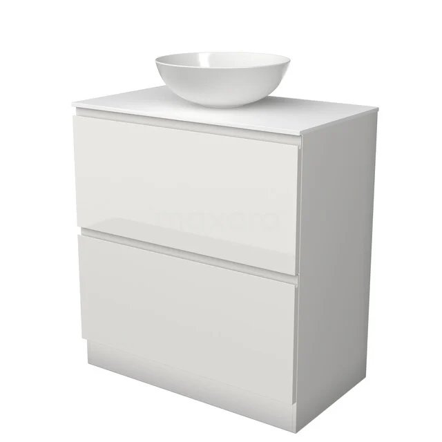 Möbel für Aufsatzwaschbecken BMK13S-00256 Weißes Badezimmermöbel mit zwei Schubladen und einem runden Aufsatzwaschbecken, elegantes Design aus Hochglanzmaterial für moderne Bäder.