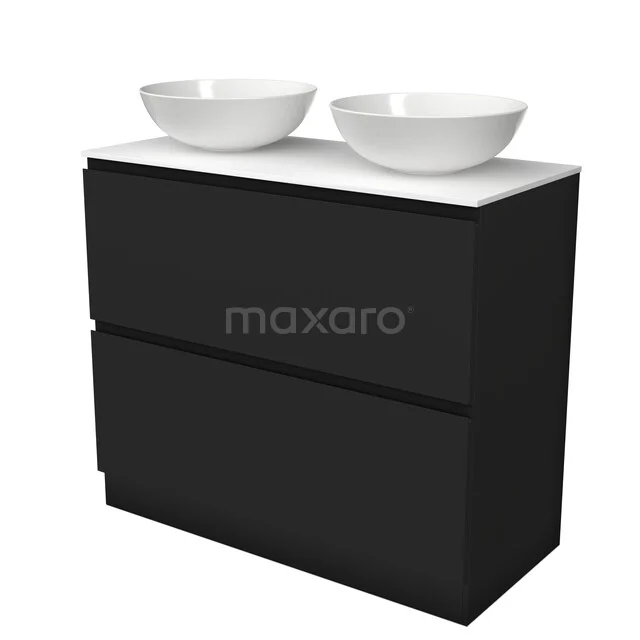 Modulo Plato Vanity units for countertop basin | 100 cm Matte black Handle-less front Solid surface worktop 2 high drawers standing drawers under each other BMK13S-00259 Zwarte badkamermeubelset met twee witte waskommen, strak design en moderne opberglades, perfect voor een stijlvolle badkamer.