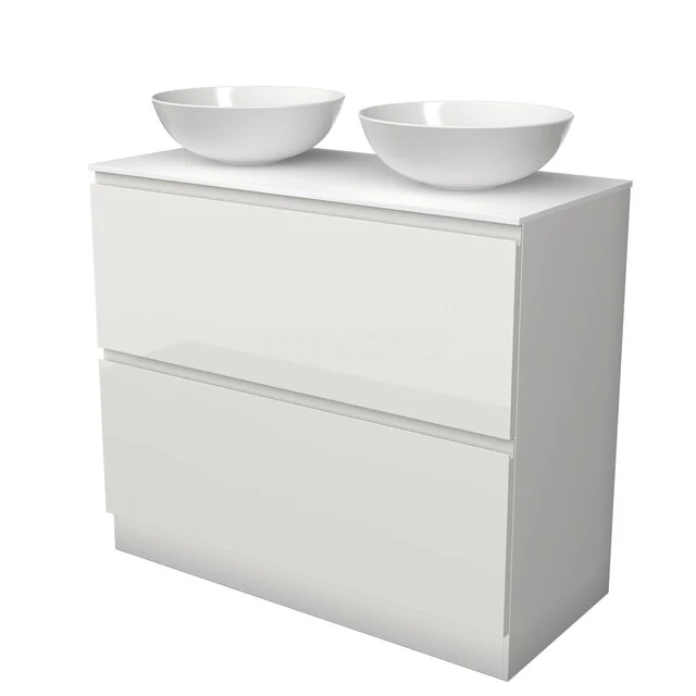 Modulo Plato Vanity units for countertop basin | 100 cm High-gloss white Handle-less front Solid surface worktop 2 high drawers standing drawers under each other BMK13S-00261 Wit badkamermeubel met twee wastafels, strak design en een moderne afwerking, ideaal voor een stijlvolle badkamerinrichting.