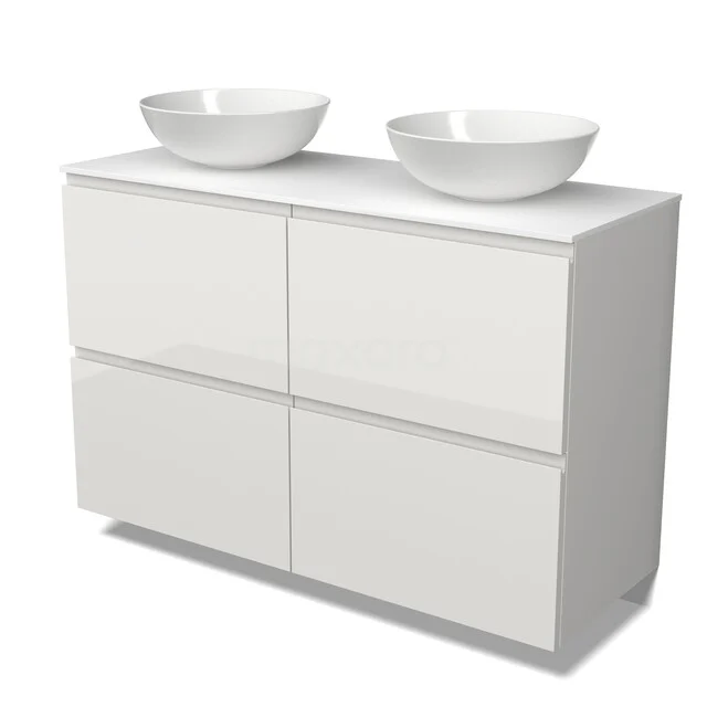 Modulo Plato Badkamermeubel voor waskom | 120 cm Hoogglans wit Greeploos front Solid surface blad 4 hoge lades BMK14-00990