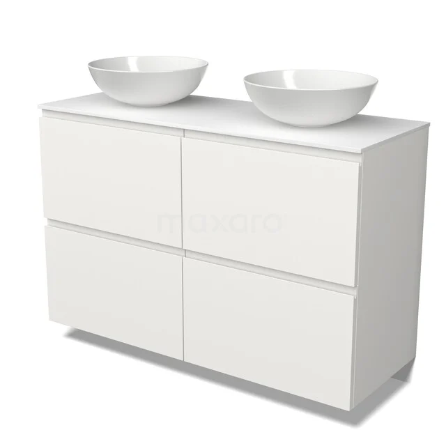 Modulo Plato Vanity units for countertop basin | 120 cm Matte white Handle-less front Solid surface worktop 4 high drawers BMK14-00992 Modulo Plato Vanity units for countertop basin | 120 cm Matte white Handle-less front Solid surface worktop 4 high drawers BMK14-00992
