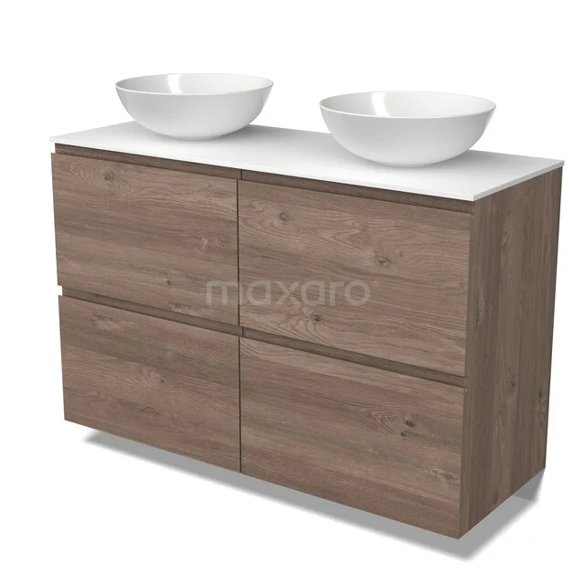 Möbel für Aufsatzwaschbecken BMK14-01023 Holz Badezimmermöbel mit vier Schubladen, weiß Platte und zwei runden Aufsatzwaschbecken, ideal für eine moderne Badezimmergestaltung.