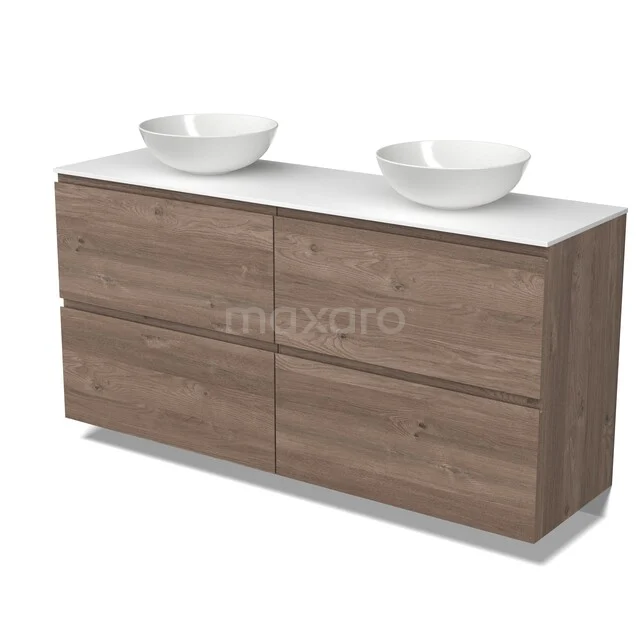 Modulo Plato Badmöbel mit Aufsatzwaschbecken | 160 cm Mittelbraune Eiche Grifflos front Solid Surface blatt 4 hohe Schubladen BMK14-01026 Hölzernes Badezimmermöbel mit doppelten Aufsatzwaschbecken, modernen Schubladen und Natursteinlook für stilvolle Badezimmergestaltung.