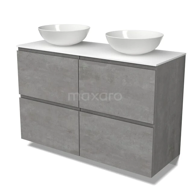 Modulo Plato Vanity units for countertop basin | 120 cm Light grey concrete Handle-less front Solid surface worktop 4 high drawers BMK14-01030 Grijs betonlook badkamermeubel met twee wastafels, minimalistisch design en vier softclose lades.