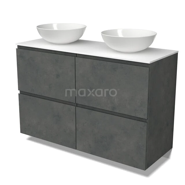 Modulo Plato Badmöbel mit Aufsatzwaschbecken | 120 cm Dunkelgrauer Beton Grifflos front Solid Surface blatt 4 hohe Schubladen BMK14-01032 Dunkelgrau Badmöbel mit Betonlook, vier Schubladen und zwei weißen Aufsatzwaschbecken; modernes Design für stilvolle Bäder.