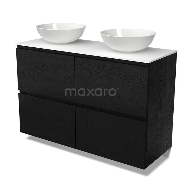 Schwarzes Holz Badezimmermöbel mit doppelten weißen Aufsatzwaschbecken, schlichtes und modernes Design, perfekt für luxuriöse Bäder.