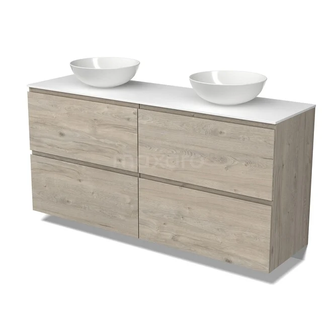 Holz Badezimmermöbel mit doppeltem Aufsatzwaschbecken, heller Eiche Optik, modernes Design und geräumigen Stauraumfächern.