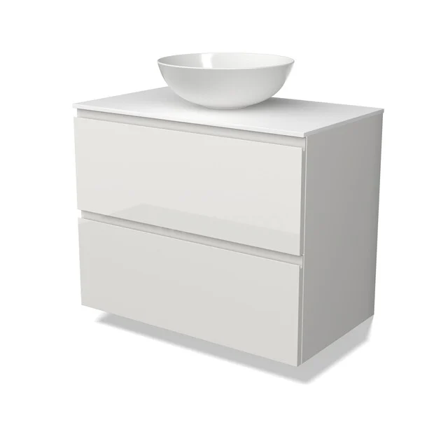 Modulo Plato Badkamermeubel voor waskom | 80 cm Hoogglans wit Greeploos front Solid surface blad 2 lades onder elkaar BMK17-03594 Modulo Plato Badkamermeubel voor waskom | 80 cm Hoogglans wit Greeploos front Solid surface blad 2 lades onder elkaar BMK17-03594