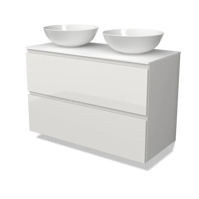 Modulo Plato Vanity units for countertop basin | 100 cm High-gloss white Handle-less front Solid surface worktop 2 Stacked drawers BMK17-03597 Modulo Plato Vanity units for countertop basin | 100 cm High-gloss white Handle-less front Solid surface worktop 2 Stacked drawers BMK17-03597
