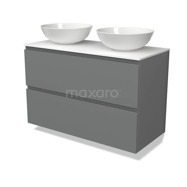 Graues schwebendes Badezimmermöbel mit zwei weißen Aufsatzwaschbecken, modernes Design und klare Formen.