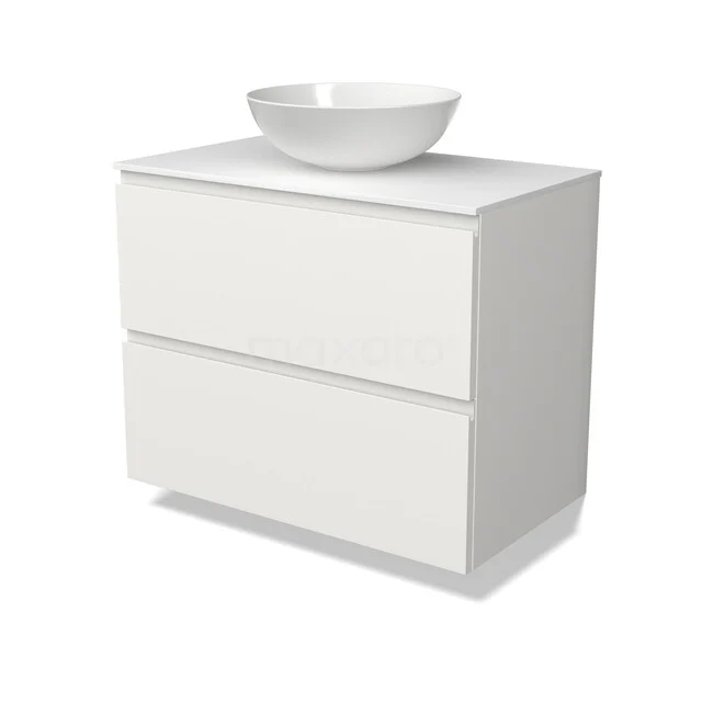 Wit badkamermeubel met twee lades, strak design en ronde opzetwastafel. Modern en geschikt voor elke badkamerstijl.