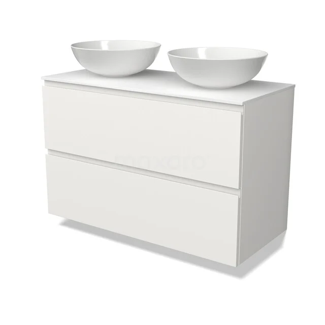 Weißes Badezimmermöbel mit doppeltem Aufsatzwaschbecken, minimalistisches Design, Softclose-Schubladen und Hochglanz-Oberfläche für moderne Bäder.