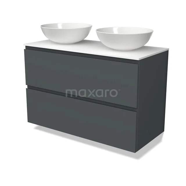 Modulo Plato Badmöbel mit Aufsatzwaschbecken | 100 cm Dunkelgrau Grifflos front Solid Surface blatt 2 übereinanderliegende Schubladen BMK17-03642 Graues Doppelwaschbeckenmöbel mit zwei weißen Aufsatzschalen, modernes Design für das Badezimmer.