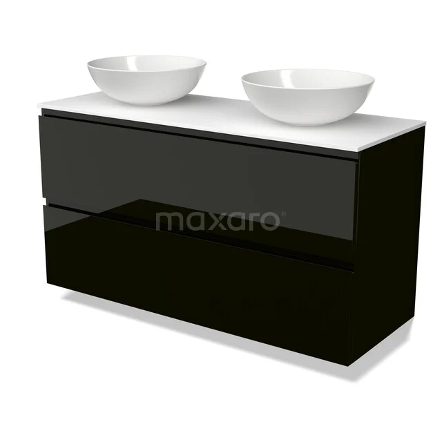 Modulo Plato Vanity units for countertop basin | 120 cm High-gloss black Handle-less front Solid surface worktop 2 Stacked drawers BMK17-03652