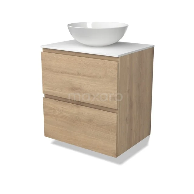 Modulo Plato Vanity units for countertop basin | 60 cm Light brown oak Handle-less front Solid surface worktop 2 Stacked drawers BMK17-03708