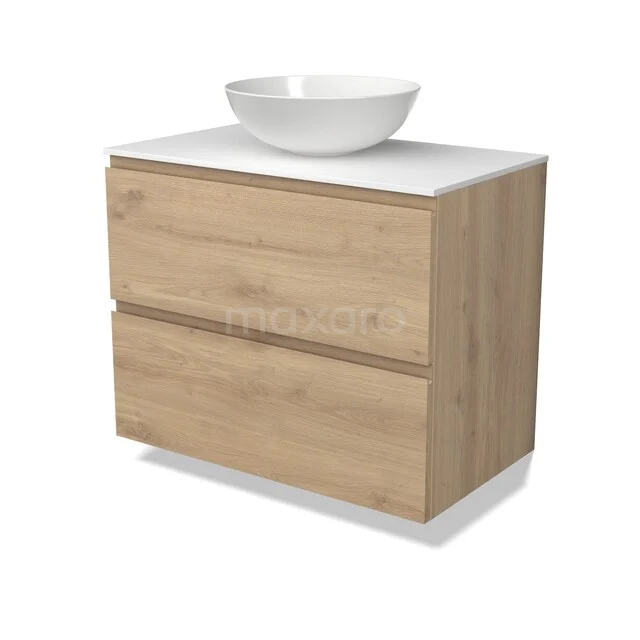 Modulo Plato Vanity units for countertop basin | 80 cm Light brown oak Handle-less front Solid surface worktop 2 Stacked drawers BMK17-03711 Eikenhouten badkamermeubel met witte opzetwaskom, strak design, perfect voor moderne badkamers.