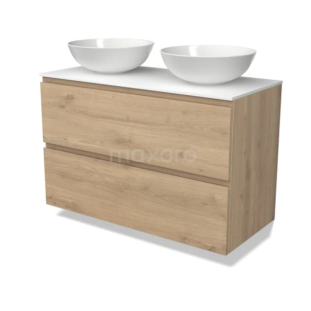 Modulo Plato Vanity units for countertop basin | 100 cm Light brown oak Handle-less front Solid surface worktop 2 Stacked drawers BMK17-03714 Modulo Plato Vanity units for countertop basin | 100 cm Light brown oak Handle-less front Solid surface worktop 2 Stacked drawers BMK17-03714
