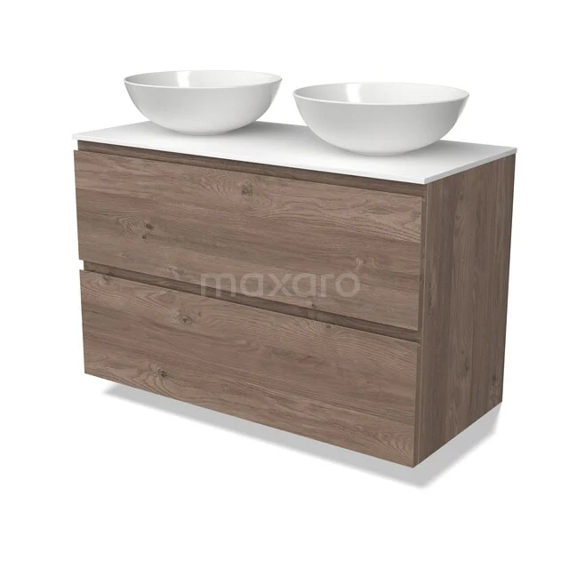 Möbel für Aufsatzwaschbecken BMK17-03715 Holz Badezimmermöbel mit zwei weißen Waschbecken, modernes Design in Eichelook, perfekt für eine stilvolle Badezimmer Einrichtung.