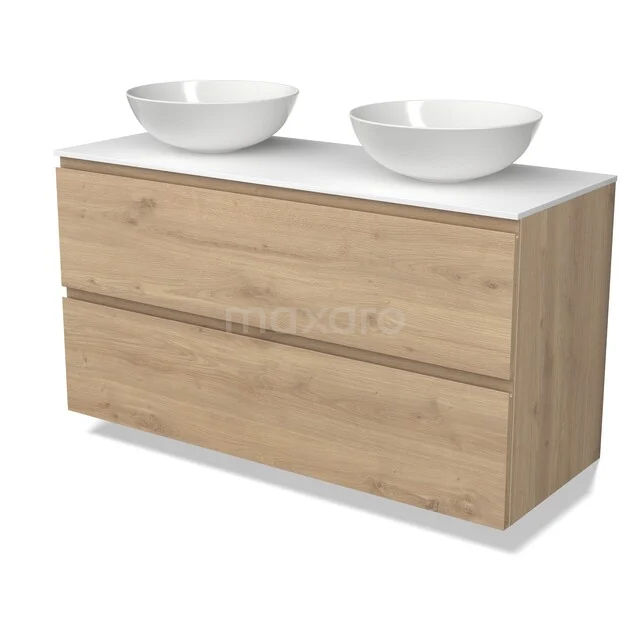 Modulo Plato Badkamermeubel voor waskom | 120 cm Lichtbruin eiken Greeploos front Solid surface blad 2 lades onder elkaar BMK17-03717