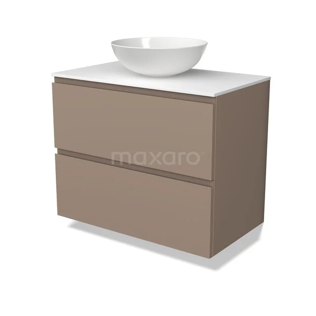 Modulo Plato Vanity units for countertop basin | 80 cm Taupe Handle-less front Solid surface worktop 2 Stacked drawers BMK17-03725