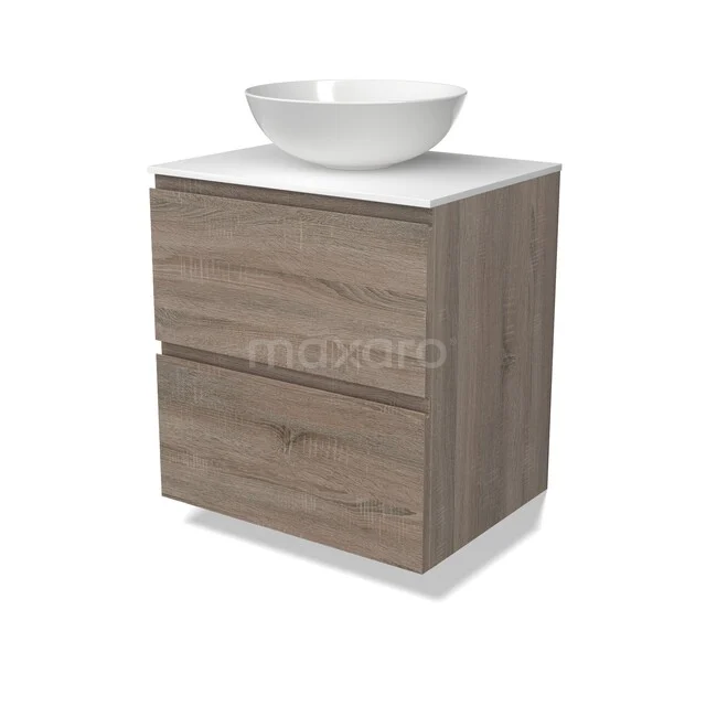 Holz-Badmöbel mit Waschbecken, modernes Design, 2 Schubladen, weißes keramisches Aufsatzwaschbecken, ideal für kleine Bäder.