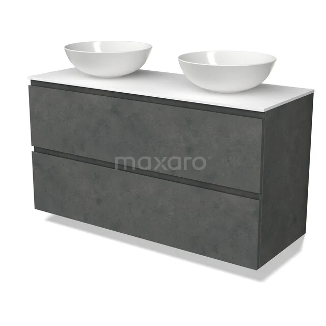 Modulo Plato Vanity units for countertop basin | 120 cm Dark grey concrete Handle-less front Solid surface worktop 2 Stacked drawers BMK17-03755