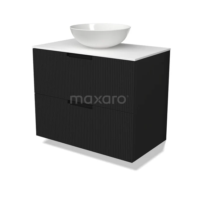 Modulo Plato Vanity units for countertop basin | 80 cm Matte black Line front Solid surface worktop 2 Stacked drawers BMK17-03758 Zwarte badkamermeubel met witte wastafelkom, modern design en mat afwerking voor een stijlvolle badkamerruimte.