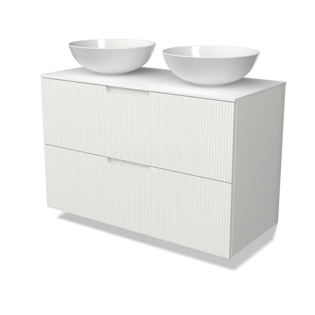 Weißes Badezimmermöbel mit doppeltem Aufsatzwaschbecken, minimalistisches Design und geräumigen Schubladen. Perfekt für ein modernes Badezimmer.