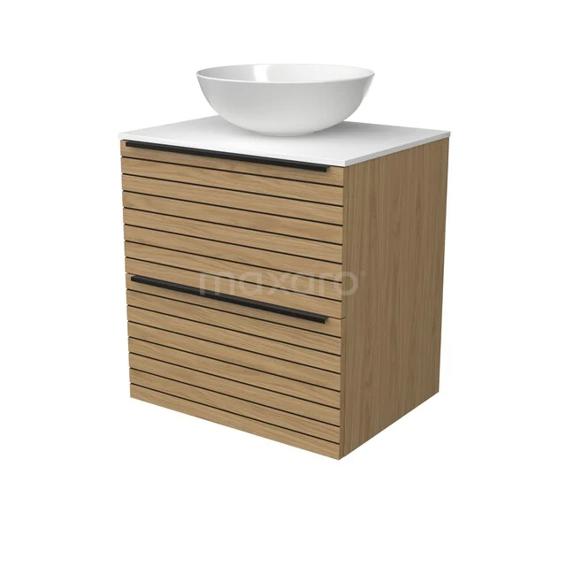 Holz-Badschrank mit weißem Aufsatzwaschbecken, modernem Latten-Design und zwei Schubladen für praktisches Verstauen.