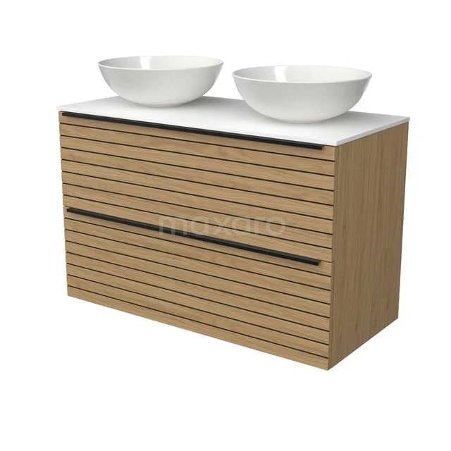 Modulo Plato Badkamermeubel voor waskom | 100 cm Naturel fineer Strook front Solid surface blad 2 lades onder elkaar BMK17-03769 Modulo Plato Badkamermeubel voor waskom | 100 cm Naturel fineer Strook front Solid surface blad 2 lades onder elkaar BMK17-03769