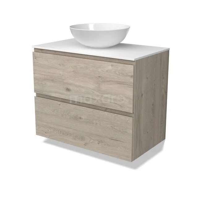 Holz Badmöbel mit Aufsatzwaschbecken, Eiche Optik, 2 Schubladen, kompaktes und stilvolles Design für moderne Badezimmergestaltung.